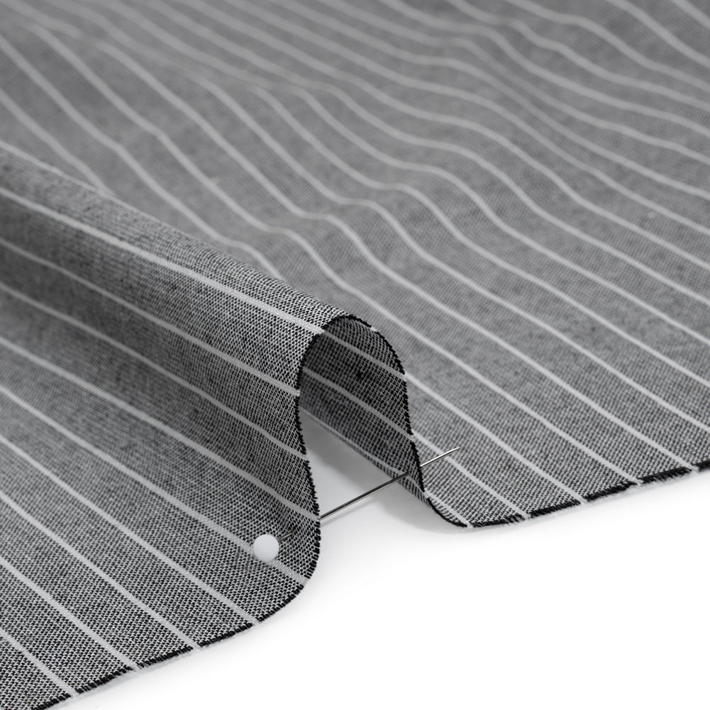 Metallic Cotton and Linen Blend Woven Made in Italy - Soft Black, White and Silver Pin Stripes - Detail