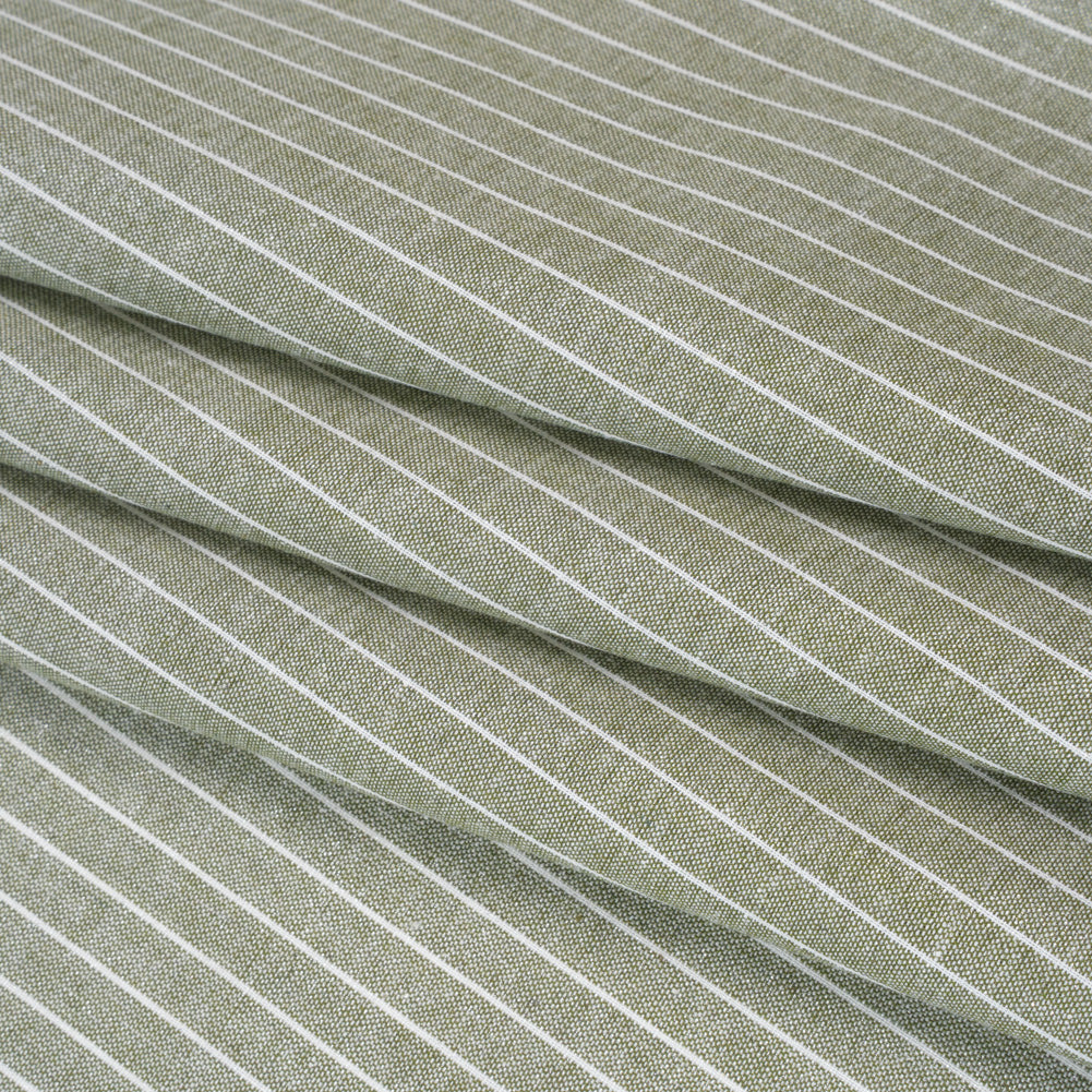 Metallic Cotton and Linen Blend Woven Made in Italy - Sage Green, White and Silver Pin Stripes - Folded
