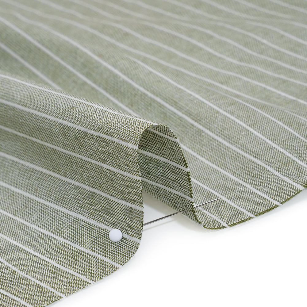 Metallic Cotton and Linen Blend Woven Made in Italy - Sage Green, White and Silver Pin Stripes - Detail