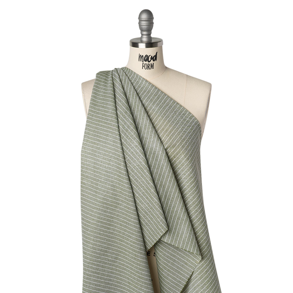 Metallic Cotton and Linen Blend Woven Made in Italy - Sage Green, White and Silver Pin Stripes - Drape