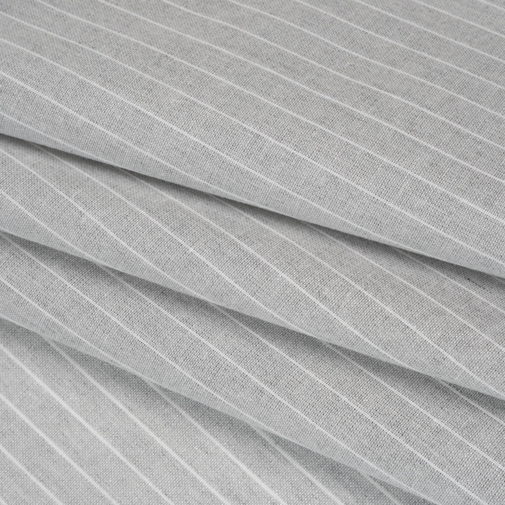 Metallic Cotton and Linen Blend Woven Made in Italy - Light Cloudy Gray, White and Silver Pin Stripes - Folded