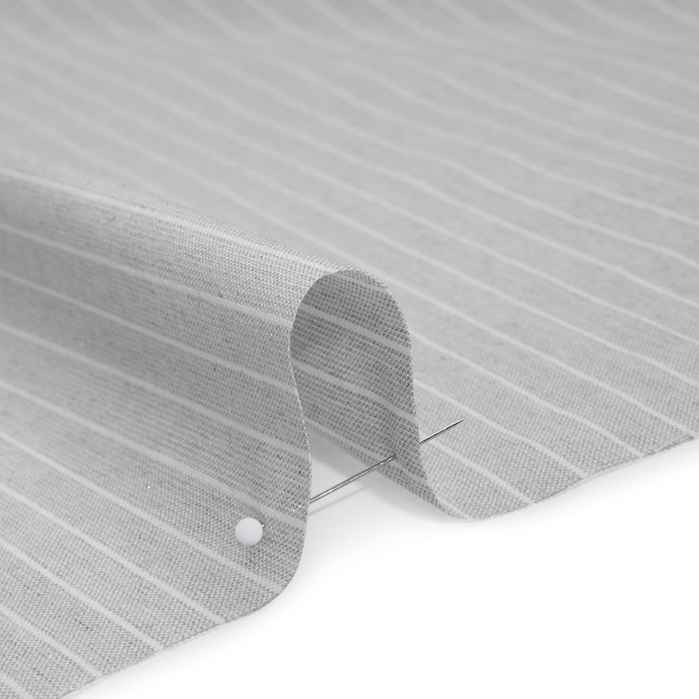 Metallic Cotton and Linen Blend Woven Made in Italy - Light Cloudy Gray, White and Silver Pin Stripes - Detail