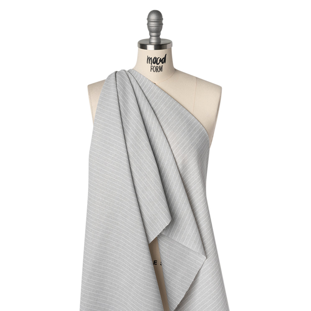 Metallic Cotton and Linen Blend Woven Made in Italy - Light Cloudy Gray, White and Silver Pin Stripes - Drape