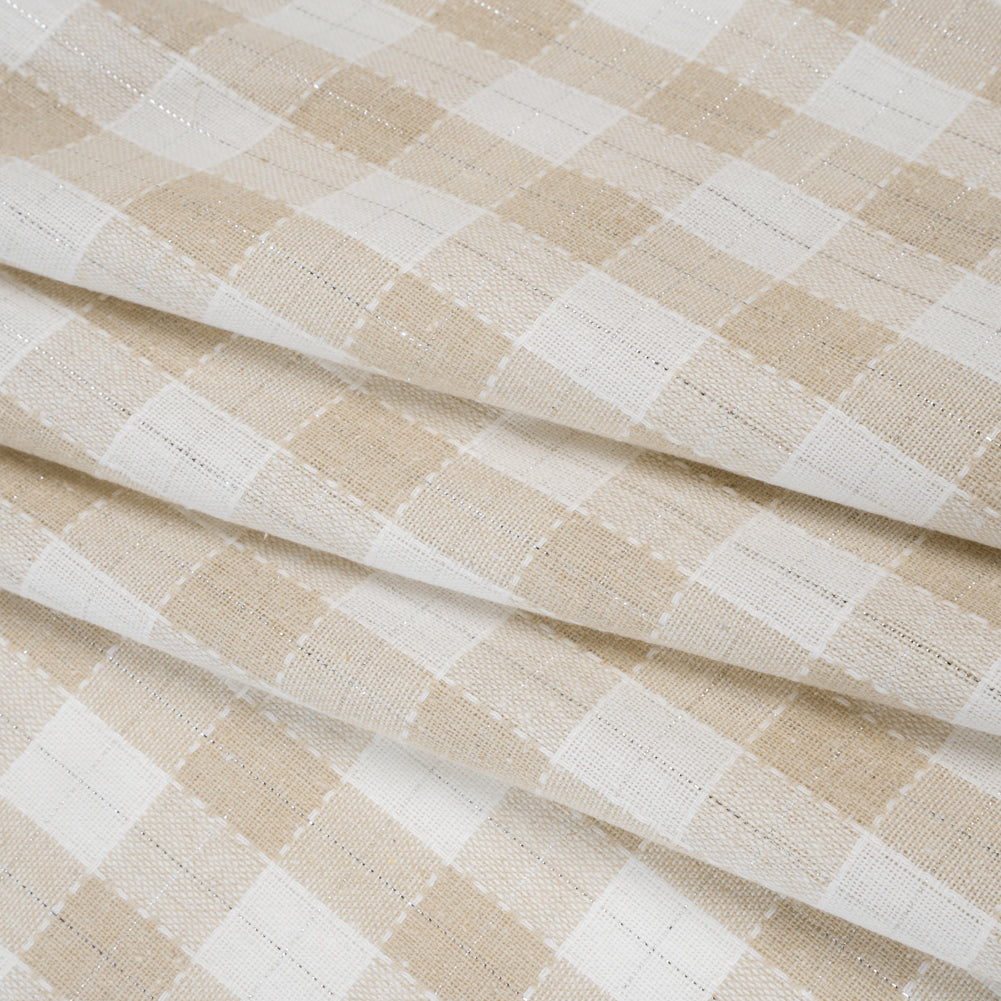 Metallic Cotton and Linen Blend Woven Made in Italy - Sandy Beige, Natural White and Silver Plaid - Folded