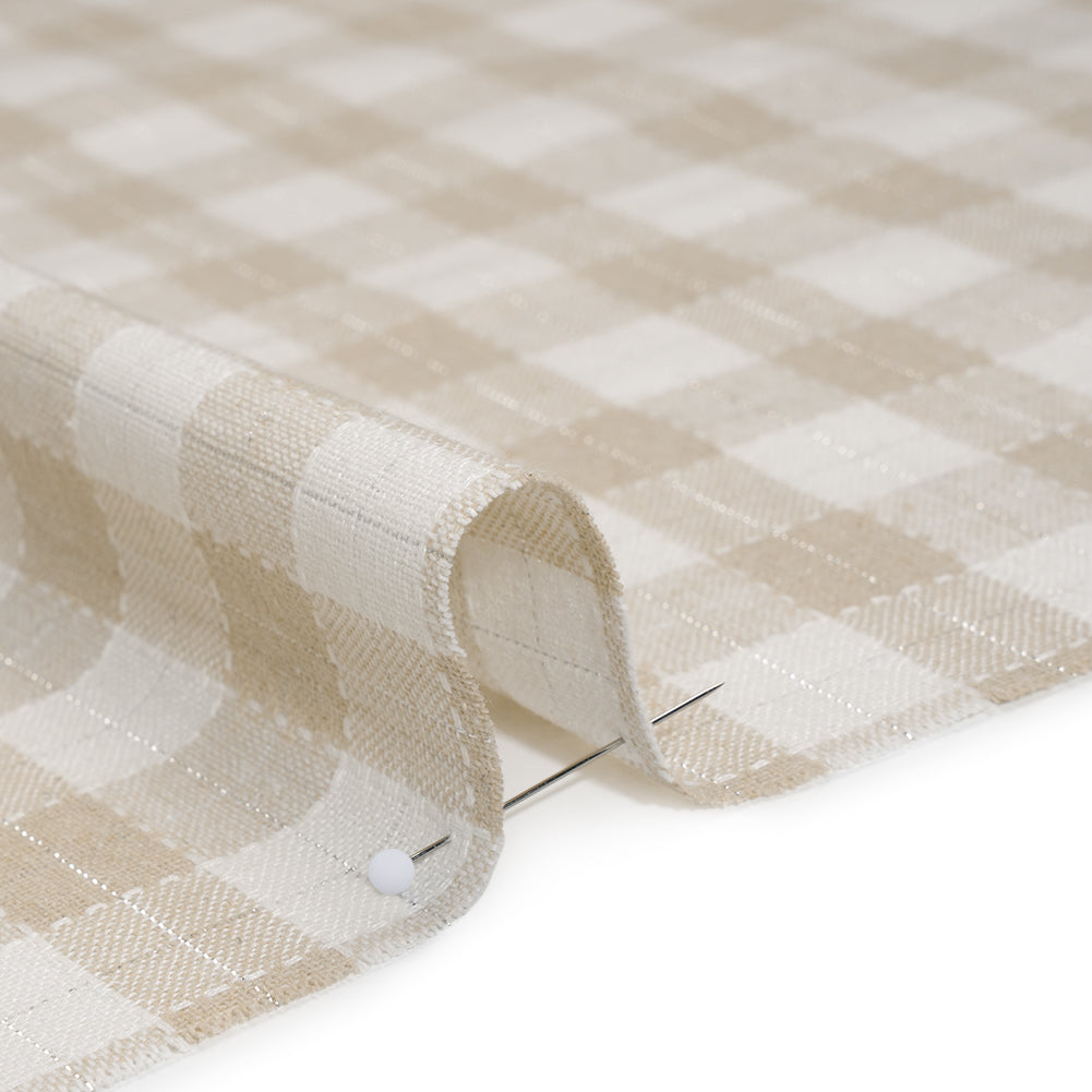 Metallic Cotton and Linen Blend Woven Made in Italy - Sandy Beige, Natural White and Silver Plaid - Detail