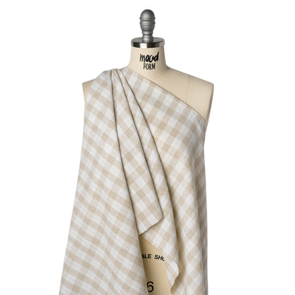 Metallic Cotton and Linen Blend Woven Made in Italy - Sandy Beige, Natural White and Silver Plaid