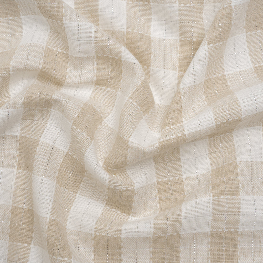 Metallic Cotton and Linen Blend Woven Made in Italy - Sandy Beige, Natural White and Silver Plaid
