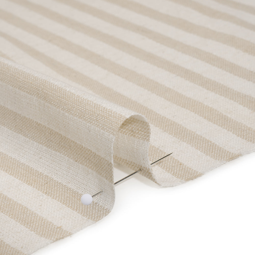 Cotton and Linen Blend Woven Made in Italy - Natural Beige and White Stripes - Detail