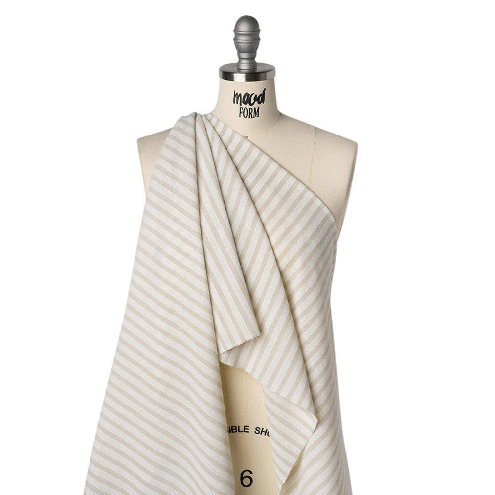 Cotton and Linen Blend Woven Made in Italy - Natural Beige and White Stripes - Drape