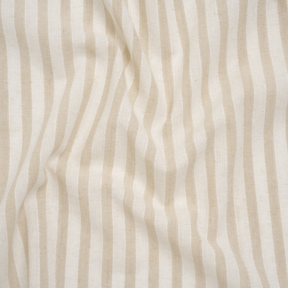 Cotton and Linen Blend Woven Made in Italy - Natural Beige and White Stripes
