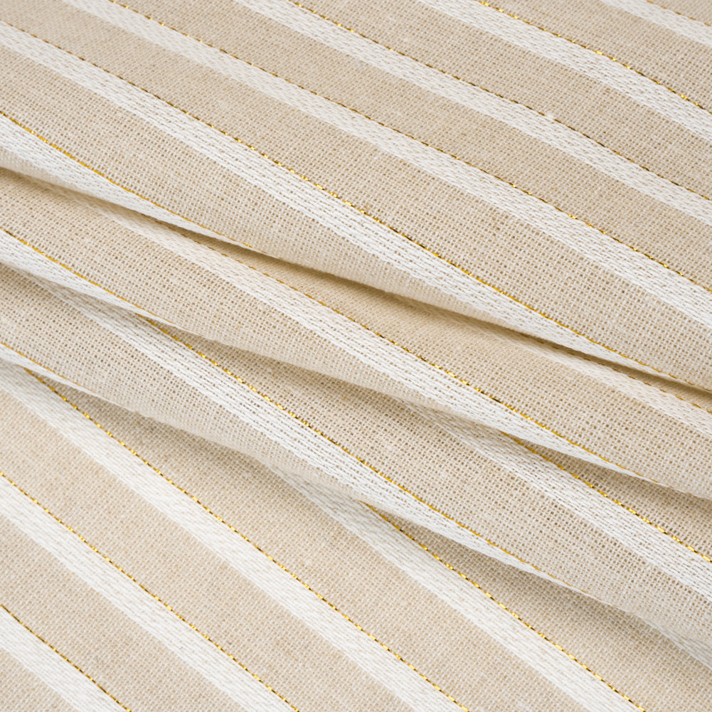 Cotton and Linen Blend Woven Made in Italy - Light Khaki Beige, Natural White and Metallic Gold Stripes - Folded