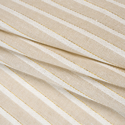 Cotton and Linen Blend Woven Made in Italy - Light Khaki Beige, Natural White and Metallic Gold Stripes