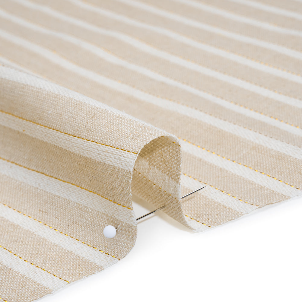 Cotton and Linen Blend Woven Made in Italy - Light Khaki Beige, Natural White and Metallic Gold Stripes - Detail