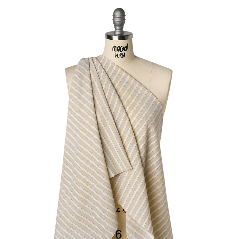 Cotton and Linen Blend Woven Made in Italy - Light Khaki Beige, Natural White and Metallic Gold Stripes - Drape