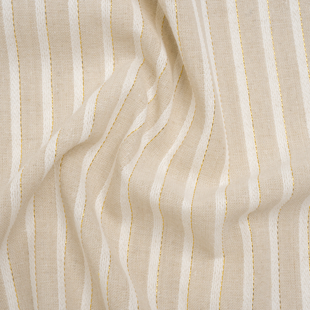 Cotton and Linen Blend Woven Made in Italy - Light Khaki Beige, Natural White and Metallic Gold Stripes