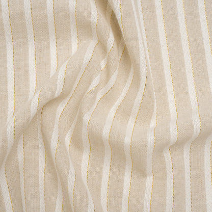 Cotton and Linen Blend Woven Made in Italy - Light Khaki Beige, Natural White and Metallic Gold Stripes