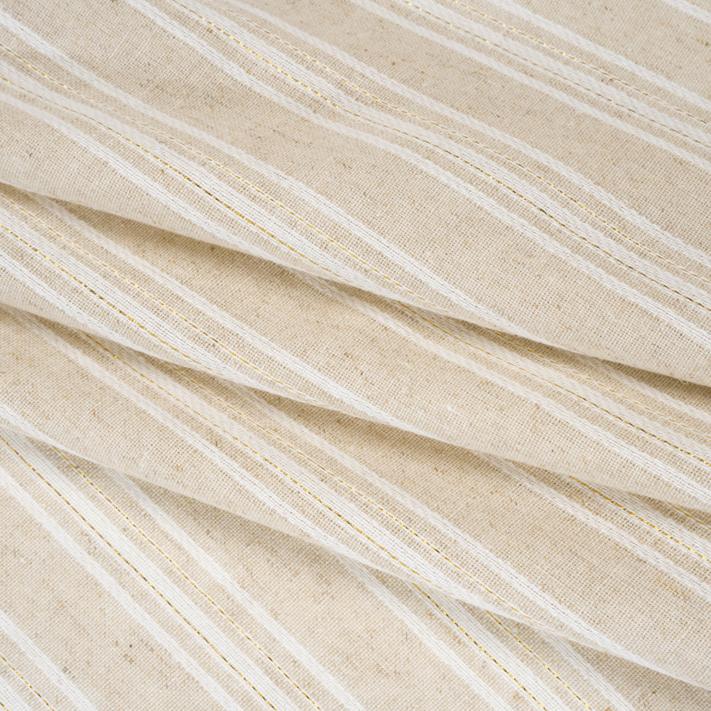 Cotton and Linen Blend Woven Made in Italy - Wheat Beige, Natural White and Metallic Gold Stripes - Folded