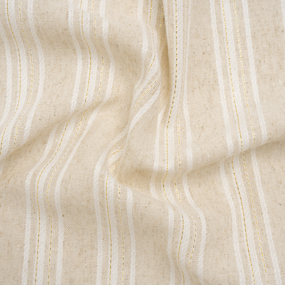 Cotton and Linen Blend Woven Made in Italy - Wheat Beige, Natural White and Metallic Gold Stripes