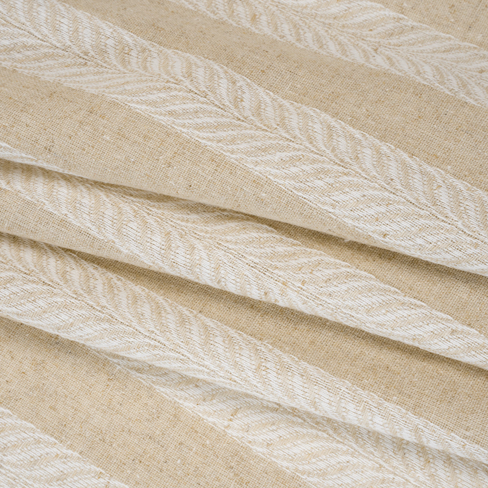 Cotton and Linen Blend Woven Made in Italy - Toasted Beige and White Leafy Stripes - Folded