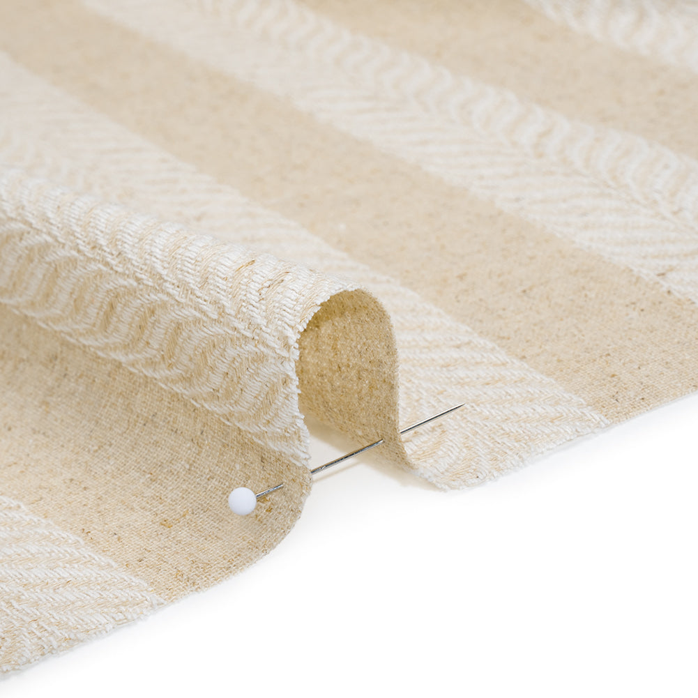 Cotton and Linen Blend Woven Made in Italy - Toasted Beige and White Leafy Stripes - Detail