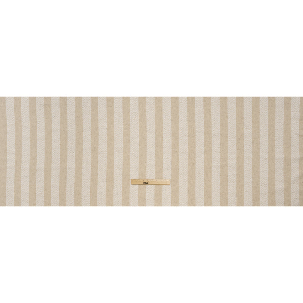 Cotton and Linen Blend Woven Made in Italy - Toasted Beige and White Leafy Stripes - Full