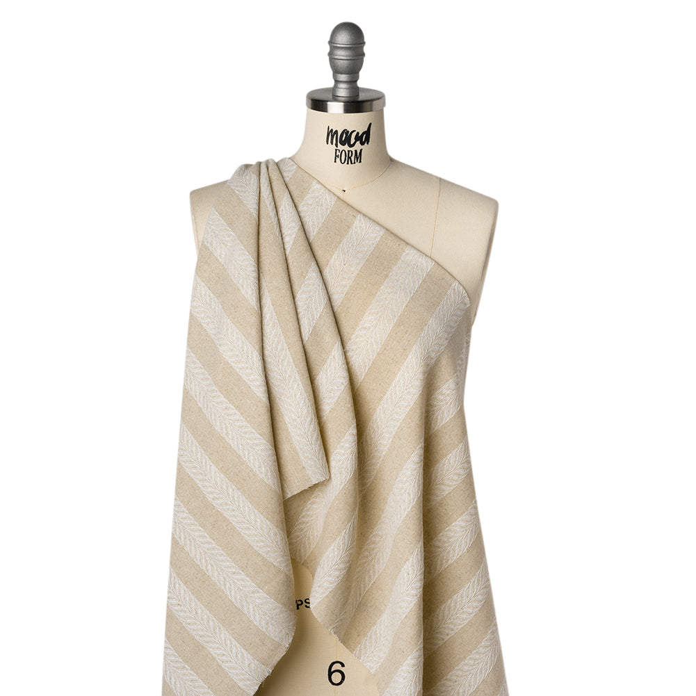 Cotton and Linen Blend Woven Made in Italy - Toasted Beige and White Leafy Stripes - Drape