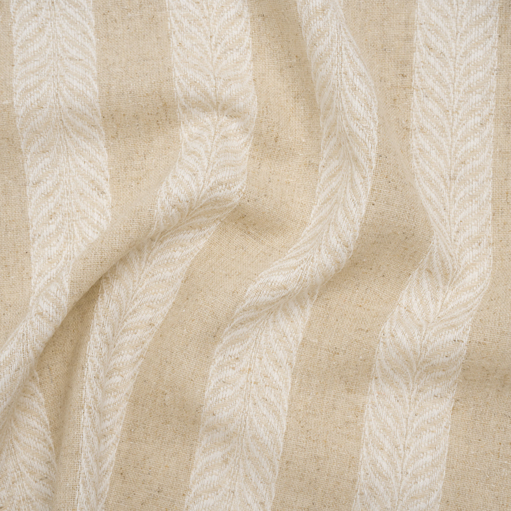 Cotton and Linen Blend Woven Made in Italy - Toasted Beige and White Leafy Stripes