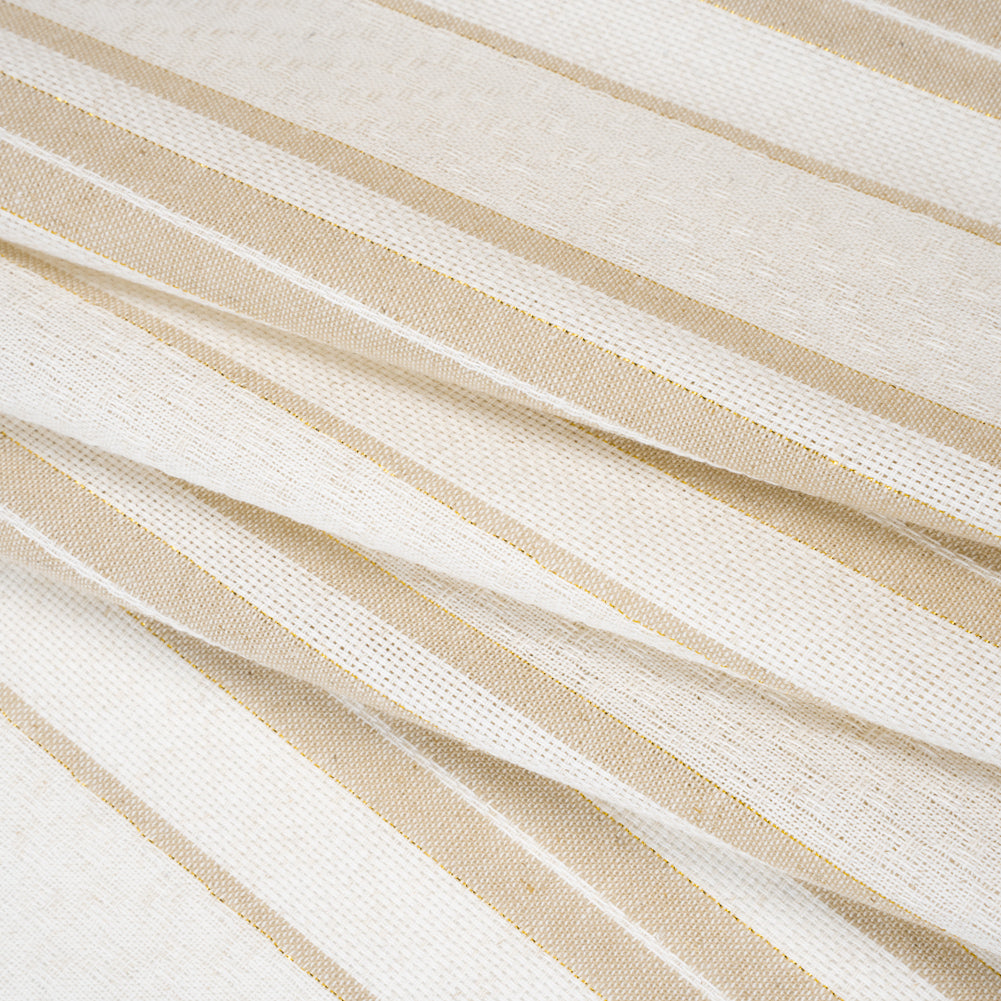 Cotton and Linen Blend Woven Made in Italy - Natural Beige, White and Metallic Gold Textured Stripes - Folded