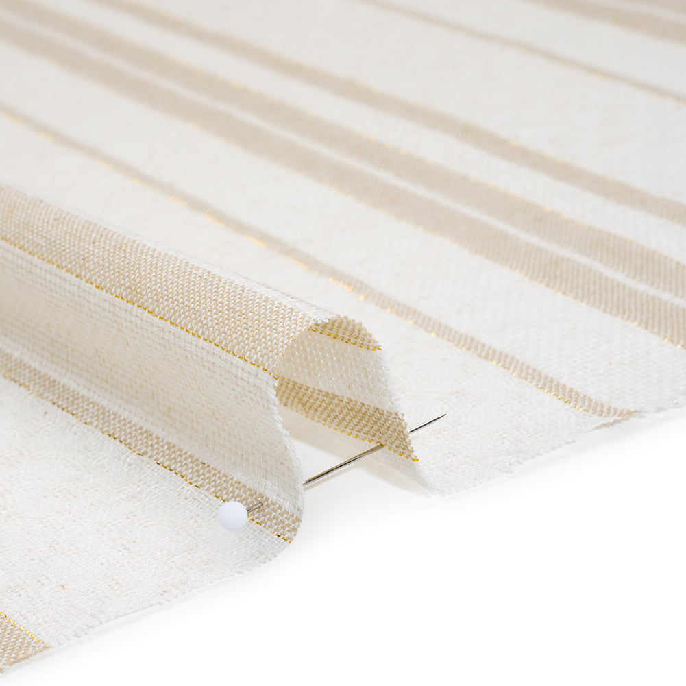 Cotton and Linen Blend Woven Made in Italy - Natural Beige, White and Metallic Gold Textured Stripes - Detail