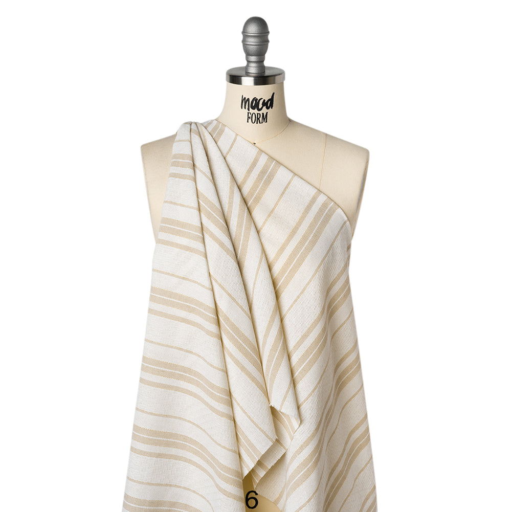 Cotton and Linen Blend Woven Made in Italy - Natural Beige, White and Metallic Gold Textured Stripes - Drape