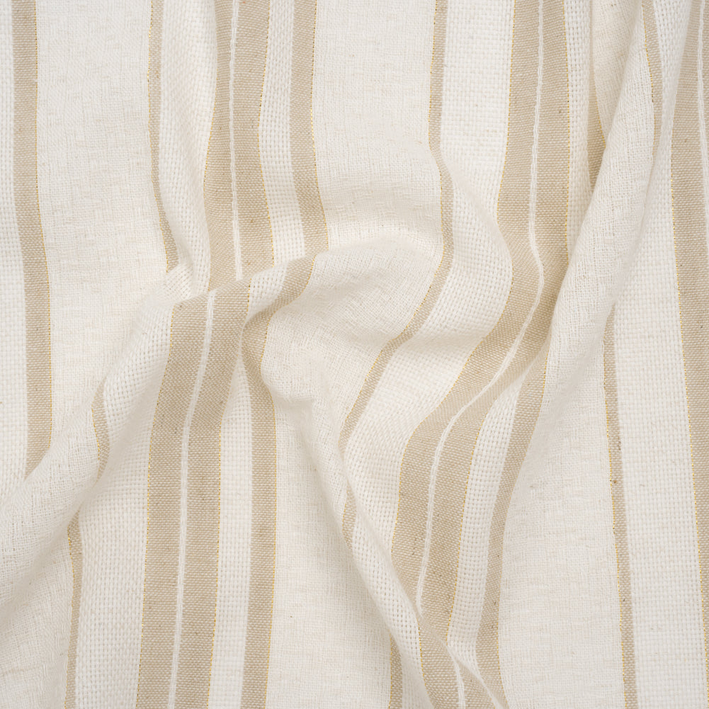 Cotton and Linen Blend Woven Made in Italy - Natural Beige, White and Metallic Gold Textured Stripes