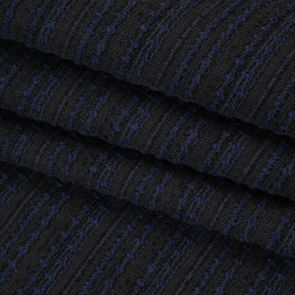 Wool Blend Boucle Made in Italy - Deep Navy Blue and Charcoal Black Textured Stripes - Folded