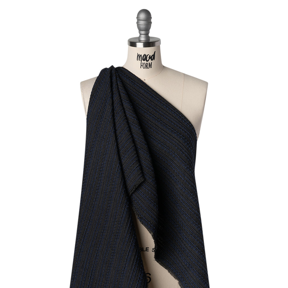 Wool Blend Boucle Made in Italy - Deep Navy Blue and Charcoal Black Textured Stripes - Drape