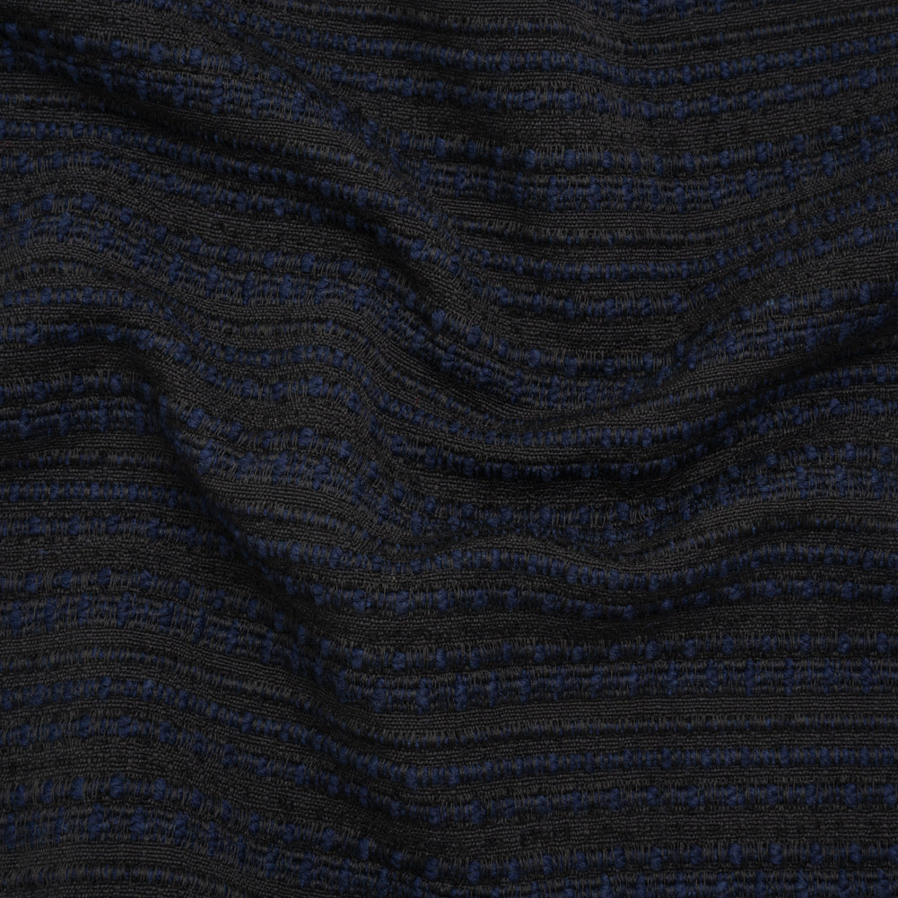 Wool Blend Boucle Made in Italy - Deep Navy Blue and Charcoal Black Textured Stripes