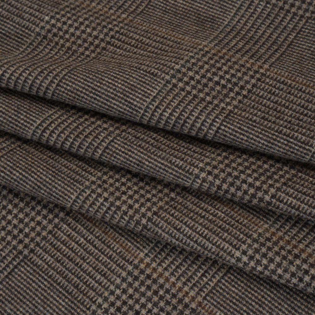 Wool and Polyester Tweed Made in Italy - Chocolate Brown and Dark Beige Glen Plaid - Folded