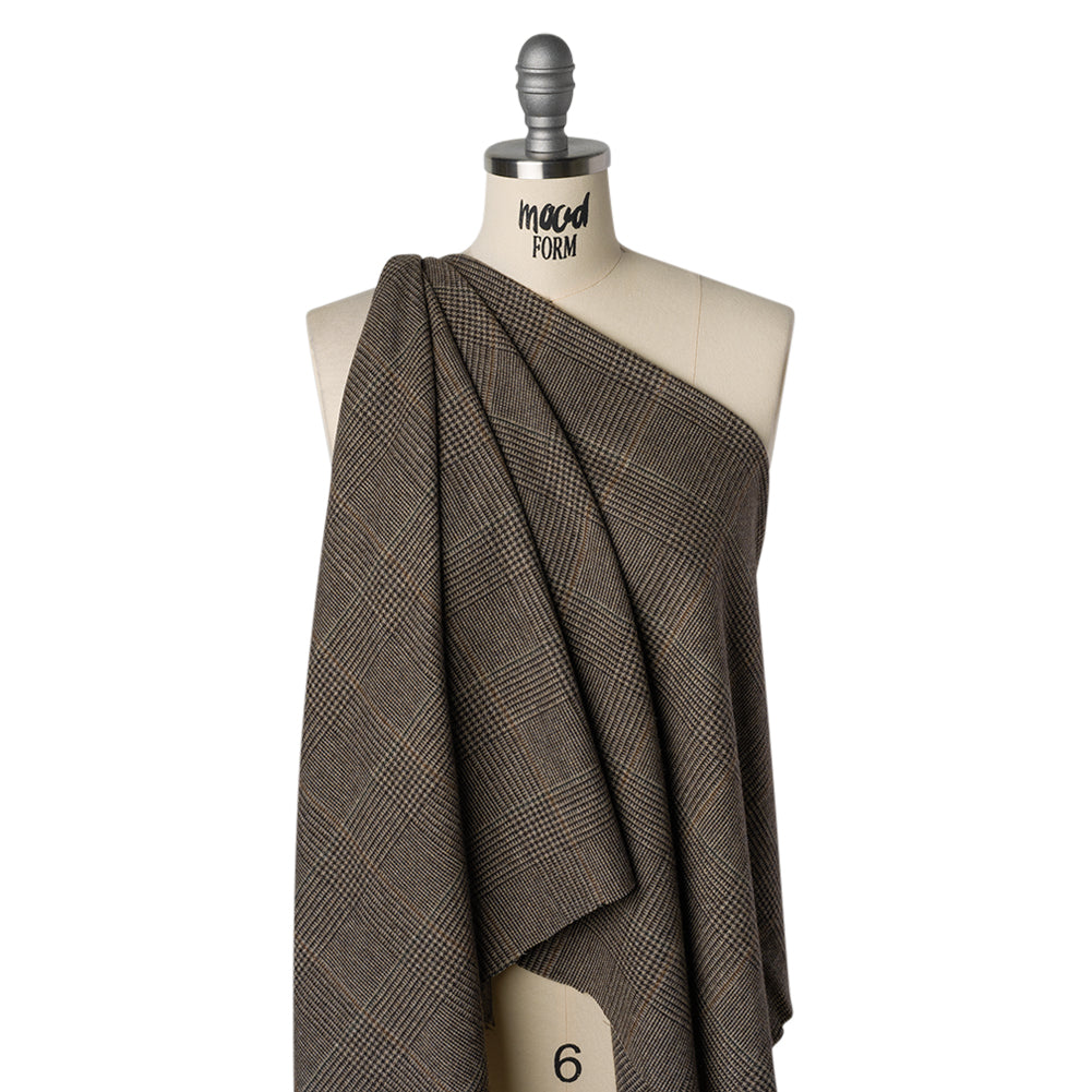 Wool and Polyester Tweed Made in Italy - Chocolate Brown and Dark Beige Glen Plaid - Drape