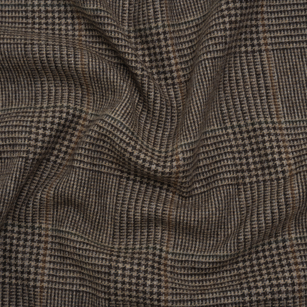 Wool and Polyester Tweed Made in Italy - Chocolate Brown and Dark Beige Glen Plaid