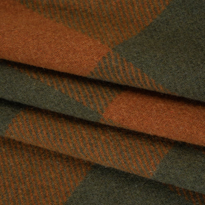 Brushed Wool Blend Twill Coating Made in Italy - Rust Orange and Olive Green Buffalo Checks