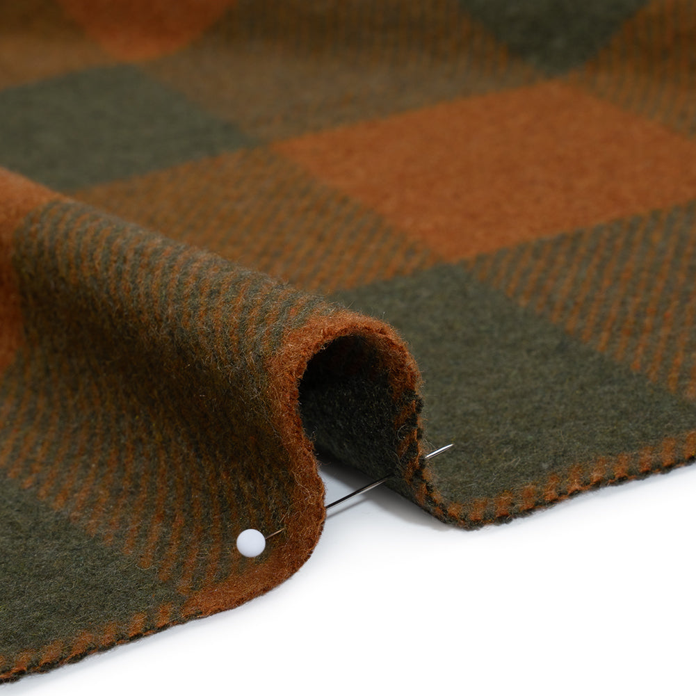 Brushed Wool Blend Twill Coating Made in Italy - Rust Orange and Olive Green Buffalo Checks - Detail