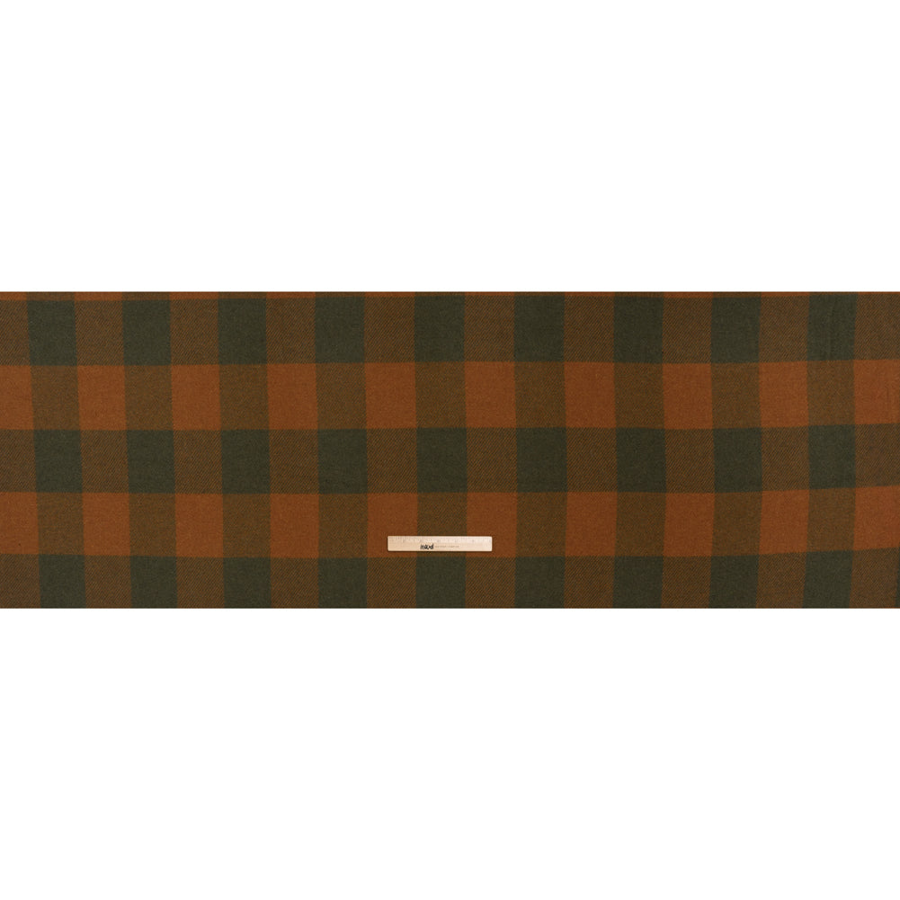 Brushed Wool Blend Twill Coating Made in Italy - Rust Orange and Olive Green Buffalo Checks - Full