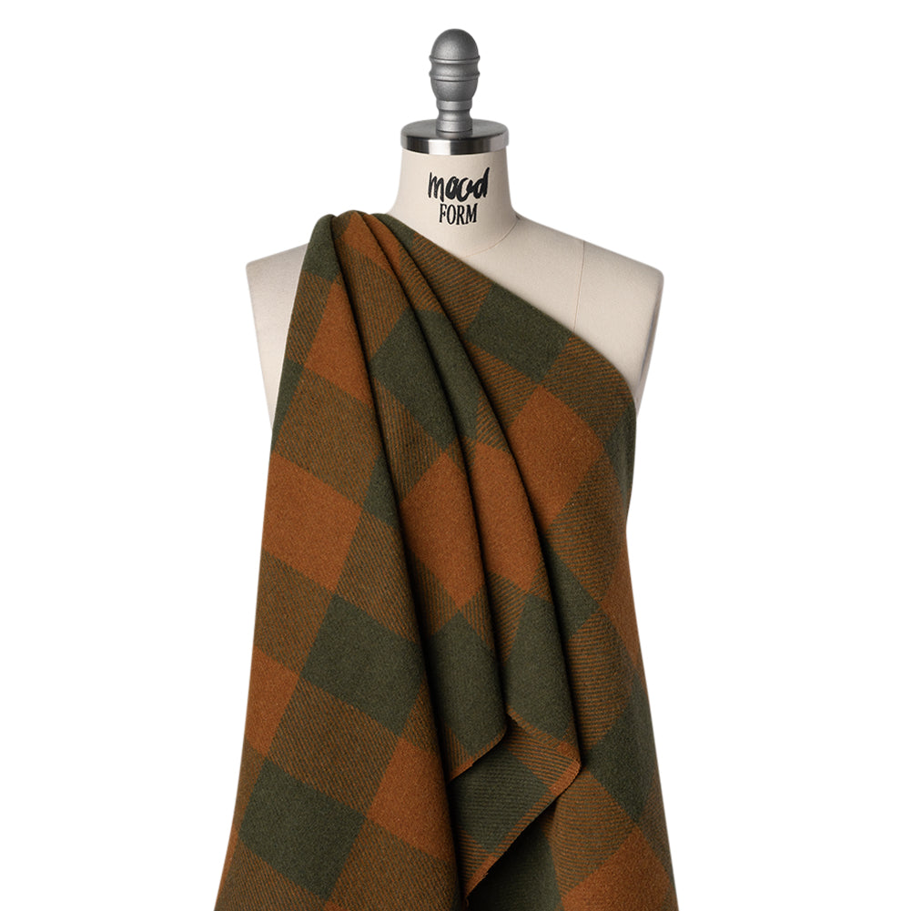 Brushed Wool Blend Twill Coating Made in Italy - Rust Orange and Olive Green Buffalo Checks - Drape