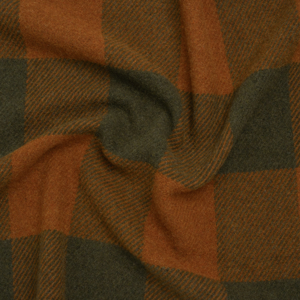 Brushed Wool Blend Twill Coating Made in Italy - Rust Orange and Olive Green Buffalo Checks