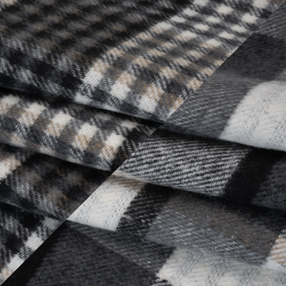Brushed Polyester and Wool Double Cloth Coating Made in Italy - Stone Gray, Black and Beige Block Check and Houndstooth - Folded