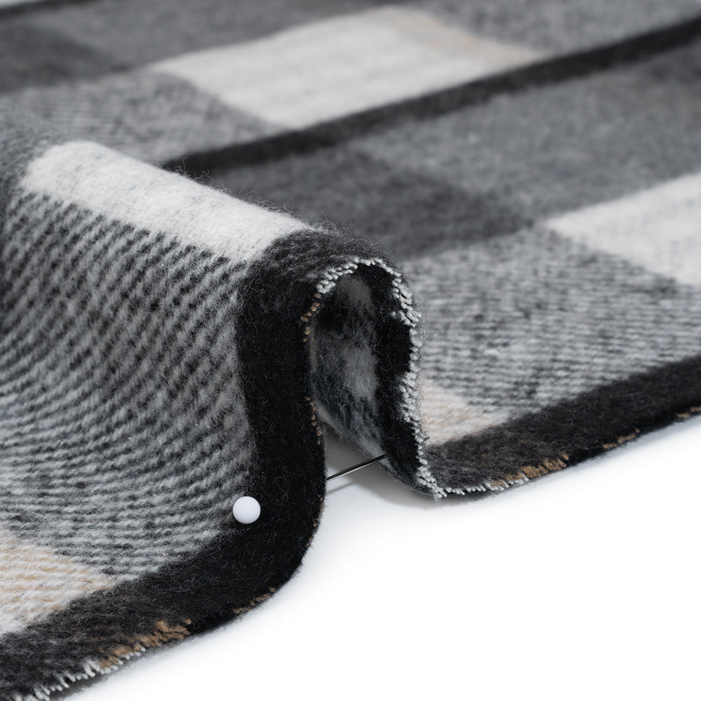 Brushed Polyester and Wool Double Cloth Coating Made in Italy - Stone Gray, Black and Beige Block Check and Houndstooth - Detail