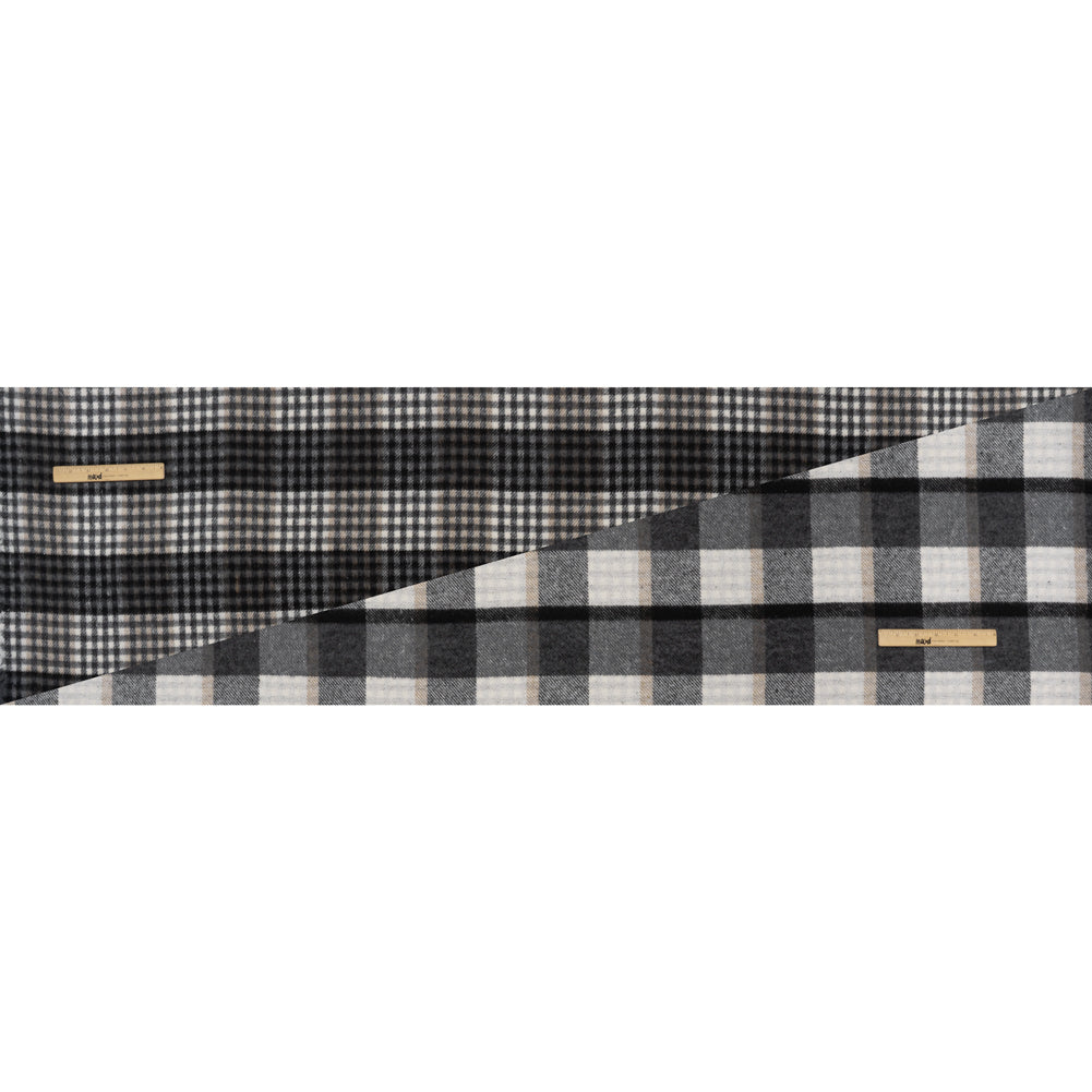 Brushed Polyester and Wool Double Cloth Coating Made in Italy - Stone Gray, Black and Beige Block Check and Houndstooth - Full