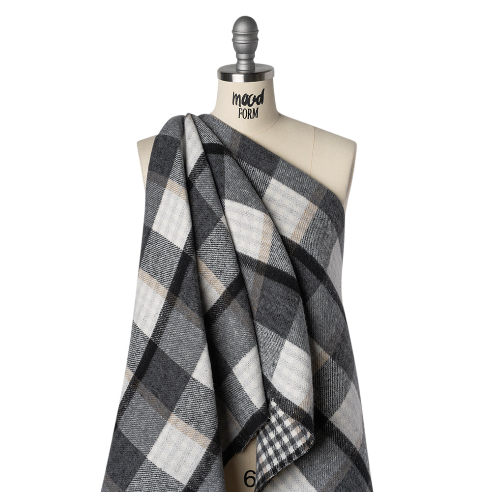 Brushed Polyester and Wool Double Cloth Coating Made in Italy - Stone Gray, Black and Beige Block Check and Houndstooth - Drape