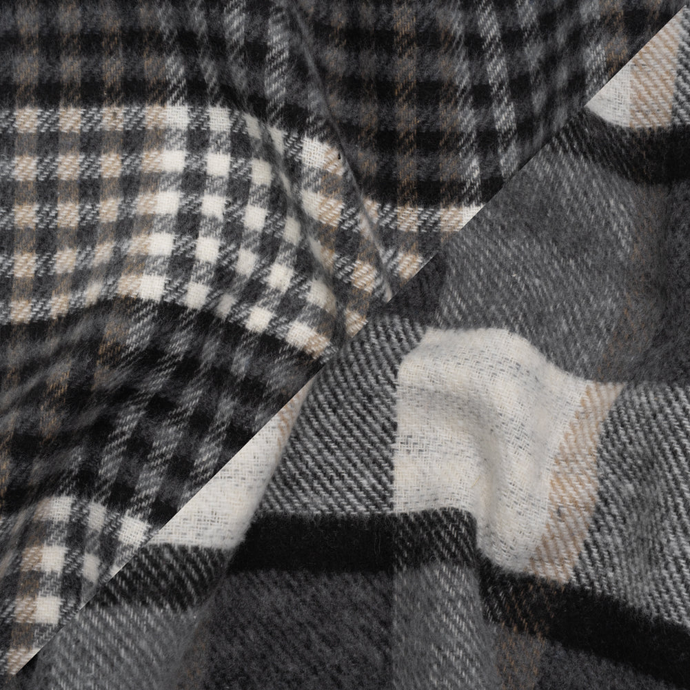 Brushed Polyester and Wool Double Cloth Coating Made in Italy - Stone Gray, Black and Beige Block Check and Houndstooth