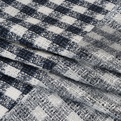 Metallic Foiled Cotton and Polyester Tweed Woven - Cool Blue, Off White and Silver Plaid