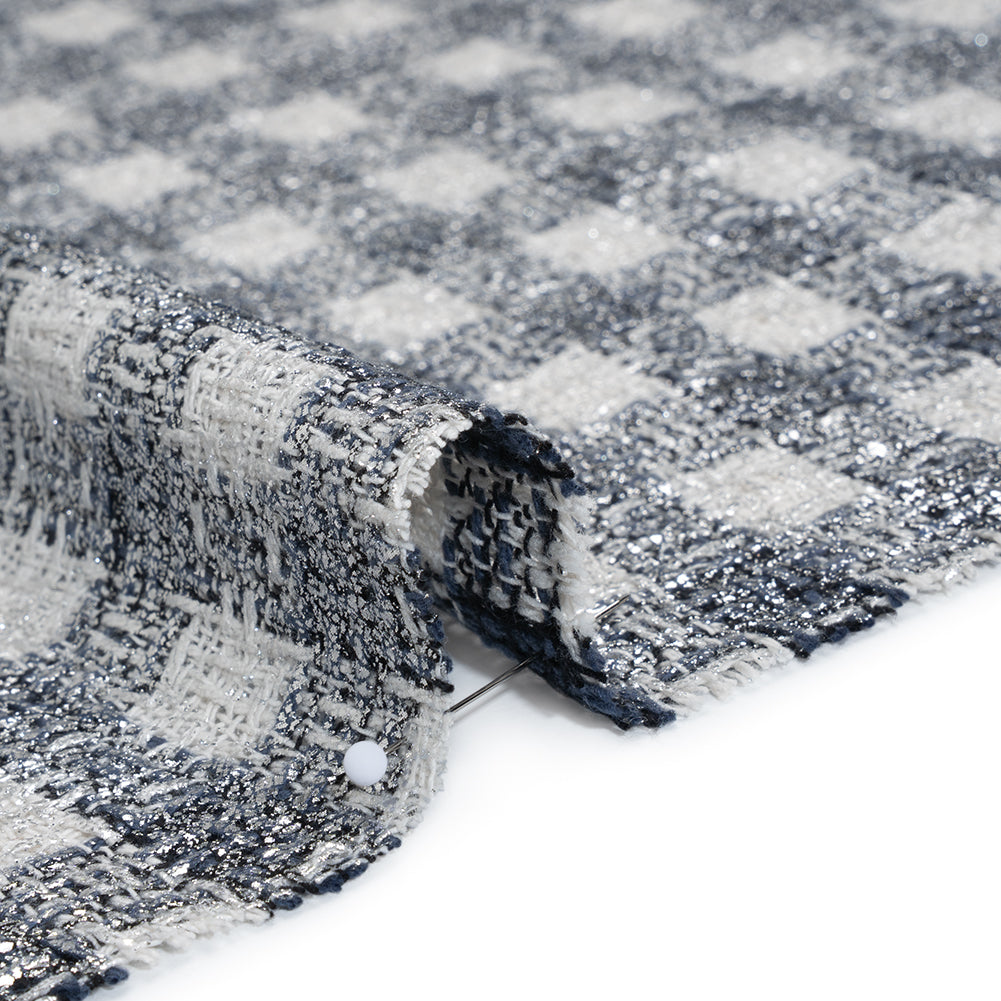 Metallic Foiled Cotton and Polyester Tweed Woven - Cool Blue, Off White and Silver Plaid - Detail