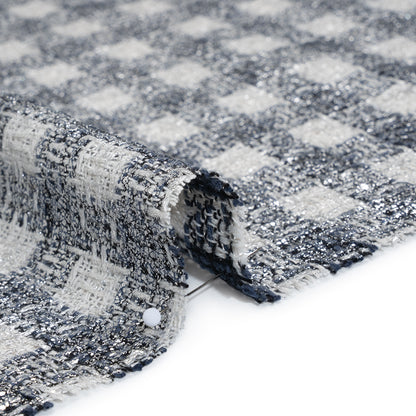 Metallic Foiled Cotton and Polyester Tweed Woven - Cool Blue, Off White and Silver Plaid